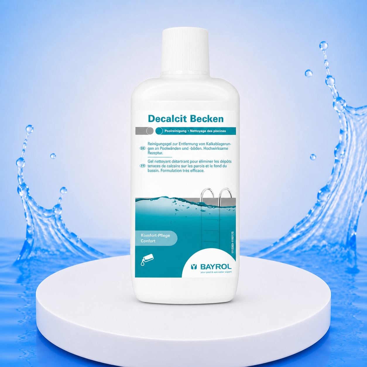 BAYROL Decalcit Becken 1 L – Produktbild auf PVC Plattform