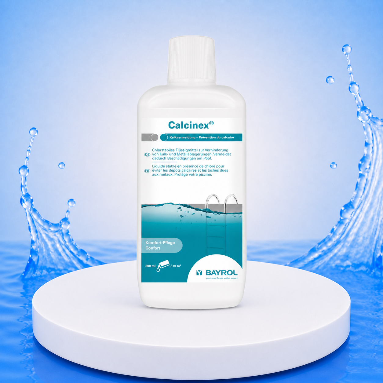 BAYROL Calcinex 1 L – Produktbild auf PVC Plattform
