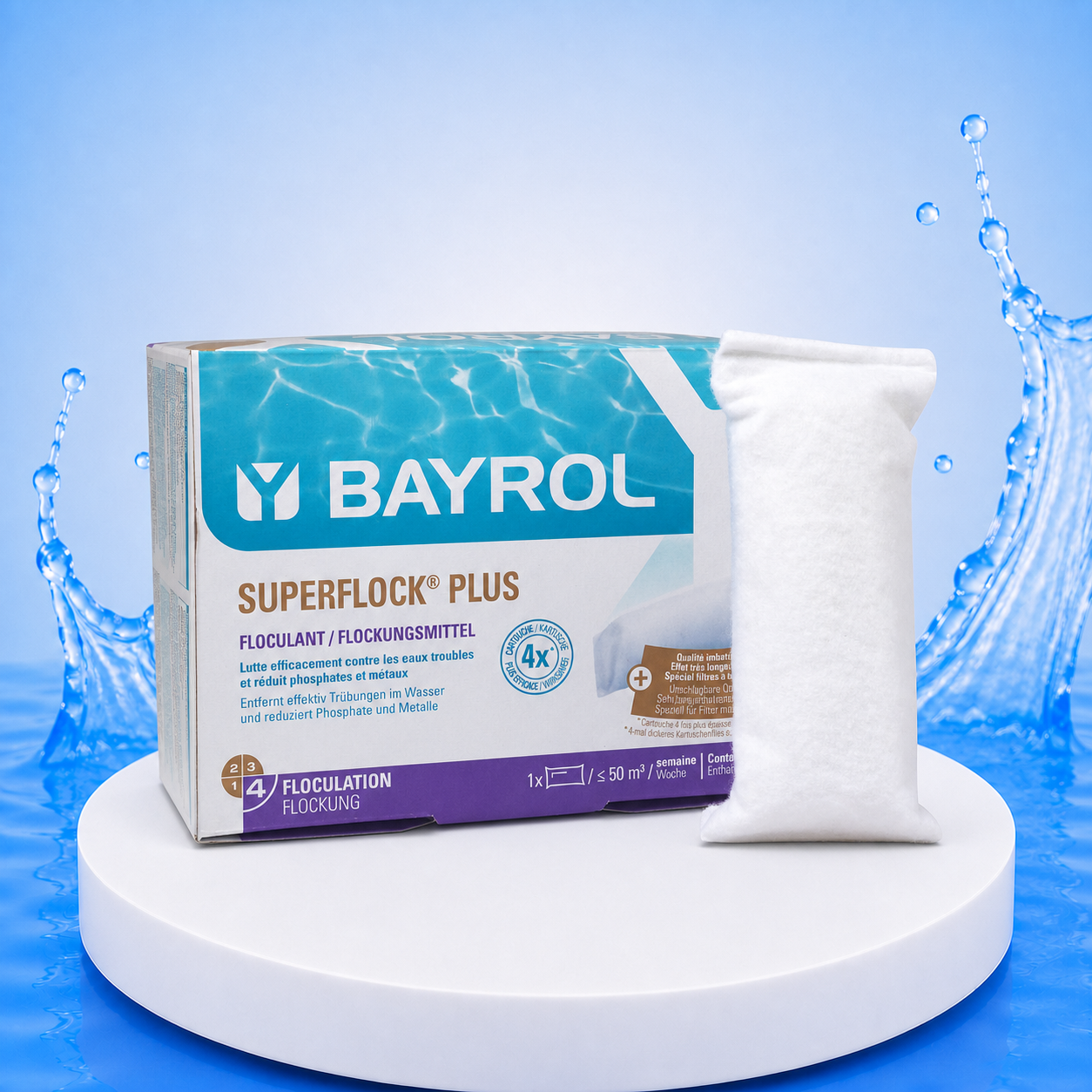 BAYROL Superflock Plus 1 kg – Produktbild auf PVC Plattform