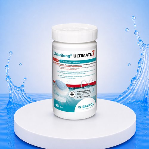 BAYROL Chlorilong ULTIMATE7 1,2 kg – Produktbild auf PVC Plattform